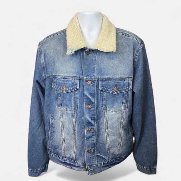 TRIOT LOS ANGELES Blue Denim Trucker Jacket w/ Cream Shearling Collar & Lining - Picture 2 of 8